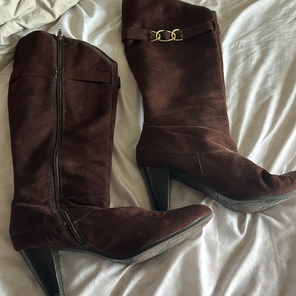 Predictions Brown Fabric Heeled Knee Boots - 11 - Picture 3 of 6